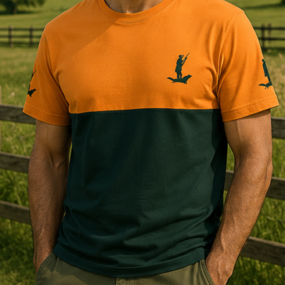 Camiseta naranja y verde con logo Cor do Monte en el pecho