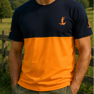 T-shirt azul escuro e cor-de-laranja com logotipo Cor do Monte no peito