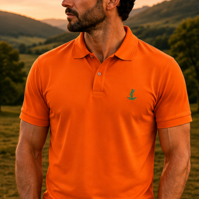 Polo cor-de-laranja com logotipo Cor do Monte verde