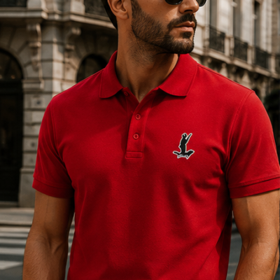 Polo vermelho com patch Cor do Monte no peito