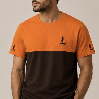 T-shirt laranja e castanha com logotipo Cor do Monte no peito e nas mangas